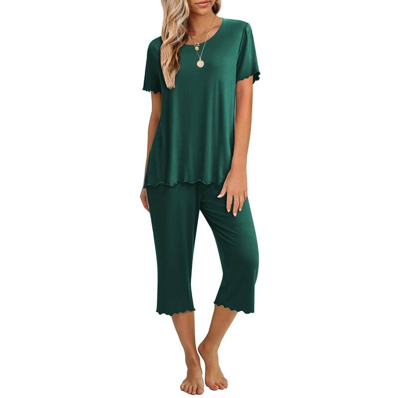 エコアー レディース アンダーウェア ナイトウェア キャップ Ekouaer Women's Lettuce-Trim Short Sleeve Top & Capri Pajama Set Deep Green グリーン｜ReVida 店