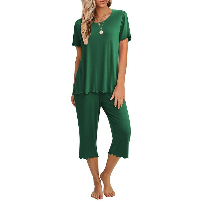 エコアー レディース アンダーウェア ナイトウェア キャップ Ekouaer Women's Lettuce-Trim Short Sleeve Top & Capri Pajama Set Green グリーン｜ReVida 店