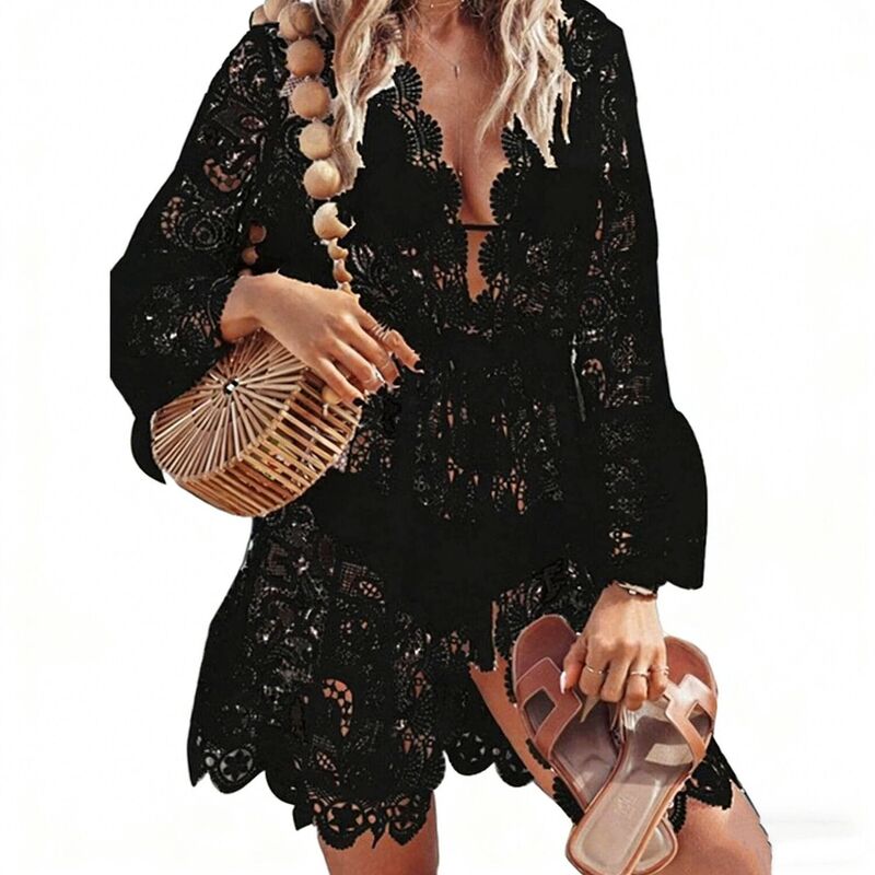 セオリア レディース トップス 衣装 Vのど首 スピード競技 Seoria Women\u0027s Lace Beach Dress - V-Neck Hollow Crochet Sarong Bikini Cover Up Black 黒いこと