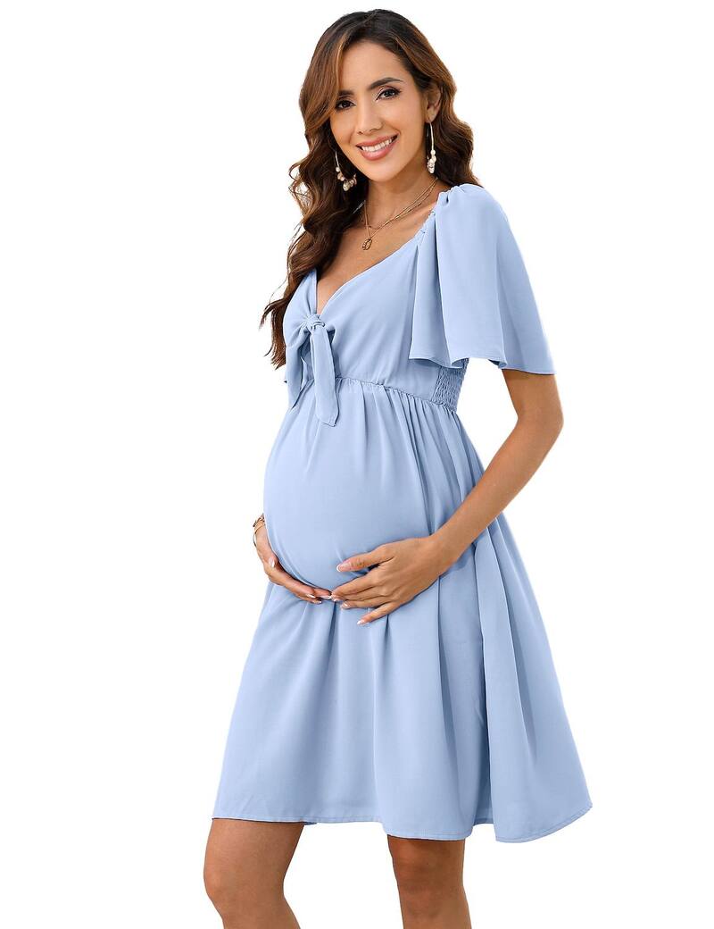 エリートチョイス レディース トップス 衣裳 V首っ玉 マタニティ Elitechoice Women V-Neck Chestie Lotus Leaf Sleeve Maternity Dressky Blue 青色