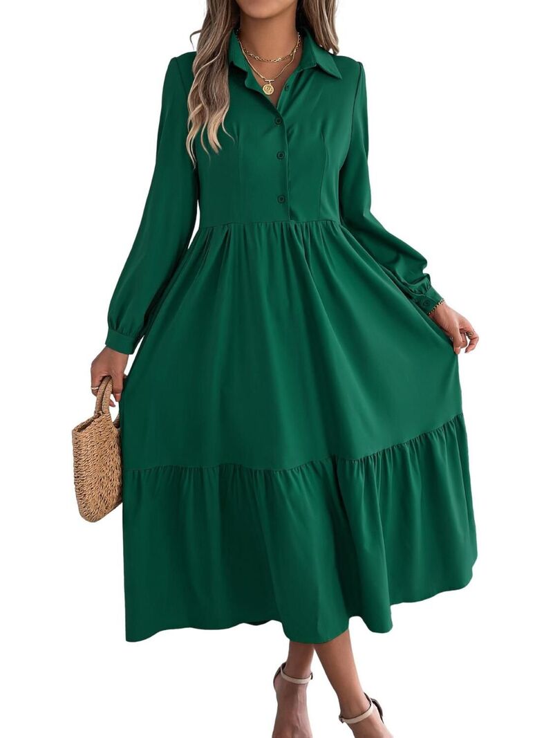 エリートチョイス レディース トップス ワンピース ティアード ボタンダウン フリル ミディ シャツ ダウン Elitechoice Women's Casualong Sleeve Shirt Dress Button Down Collared Tiered Ruffle Midi Dress Dark Green グリーン｜ReVida 店 9,235円