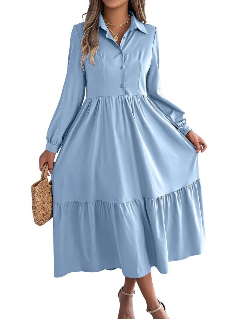 エリートチョイス レディース トップス ワンピース ティアード ボタンダウン フリル ミディ シャツ ダウン Elitechoice Women\'s Casualong Sleeve Shirt Dress Button Down Collared Tiered Ruffle Midi Dress Light Blue ブルー｜ReVida 店