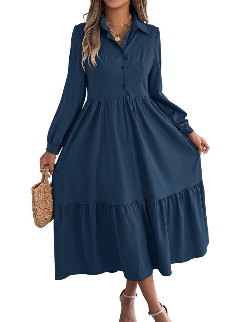 エリートチョイス レディース トップス ワンピース ティアード ボタンダウン フリル ミディ シャツ ダウン Elitechoice Women\'s Casualong Sleeve Shirt Dress Button Down Collared Tiered Ruffle Midi Dress Navy Blue ネイビー｜ReVida 店