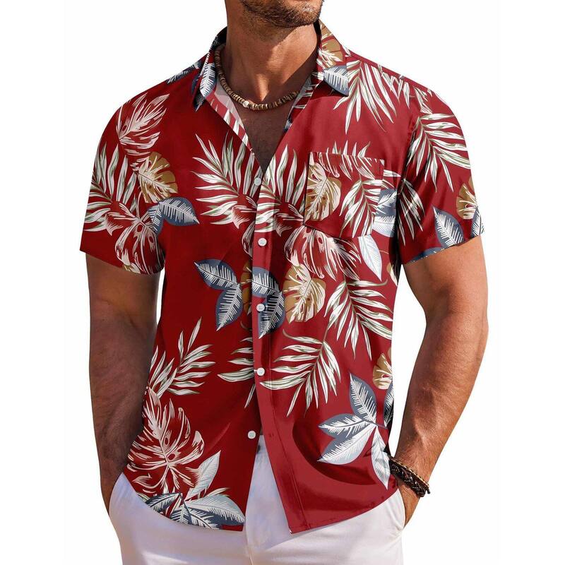 クーファンディ レディース トップス Tシャツ ボタンダウン フラワー柄 ダウン フラワー COOFANDY Mens Hawaiian Shirtshort Sleeve Floral Button Down Shirt Summer Cruise Shirts Red Tropicaleaf レッド｜ReVida 店