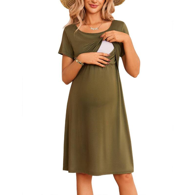 エコアー レディース トップス ワンピース パッチワーク マタニティ Ekouaer Maternity Nursing Dress for Women Short Sleeve Patchwork Breastfeeding Dressummer Green グリーン|ReVida 店