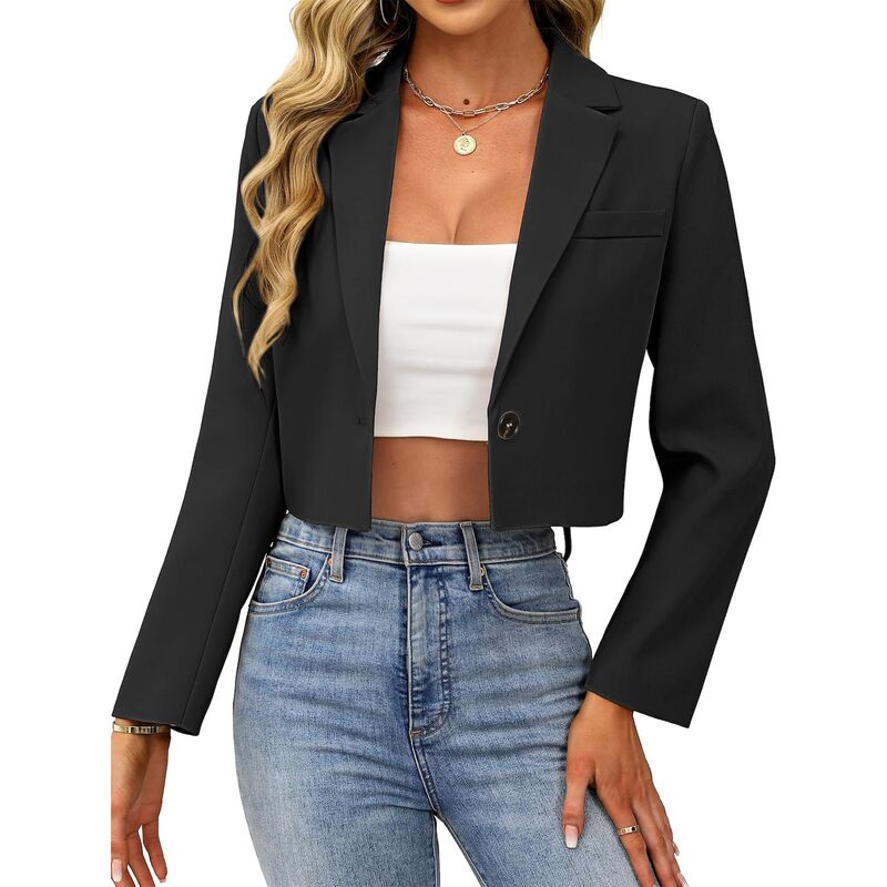 セオリア レディース アウター 上衣・上衣 クロップド スポーツジャケット Seoria Women Cropped Blazer Business Casual Open Front Long Sleeve One Button Front Blazer Suit Jacket Black 黒いこと