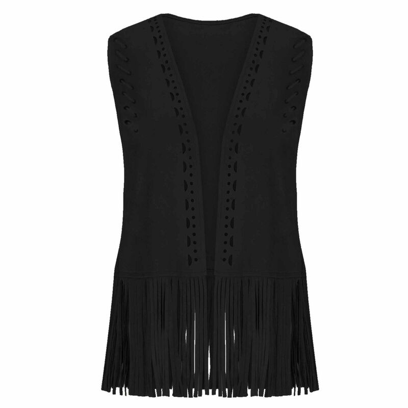 せつ然たる御花 レディース アウター 上衣・上衣 より良い ノースリーブ ジレー フリンジ ClearFlower Women\u0027s Bohemian Fringe Sleeveless Vest Casual Open-Front Cardigan Outfits Black 黒いこと
