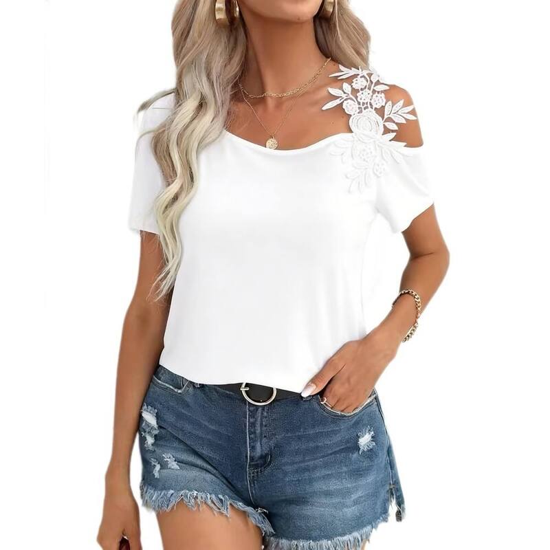 イエスファッション レディース トップス シャツ フラワー柄 ワンショルダー レース フラワー Yesfashion Women's One-Shoulder Top Floralace Applique Short Sleeves Loose Fit for Casual Party Wear White ホワイト|ReVida 店