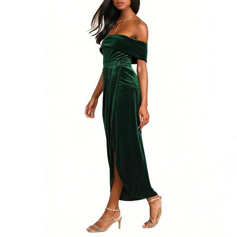 ファンジュライ レディース トップス ワンピース ミディ ベルベット FUNJULY Women's Velvet Wrap Off The Shoulder Dresses High Slit Cocktail Party Midi Dresses Dark Green グリーン｜ReVida 店