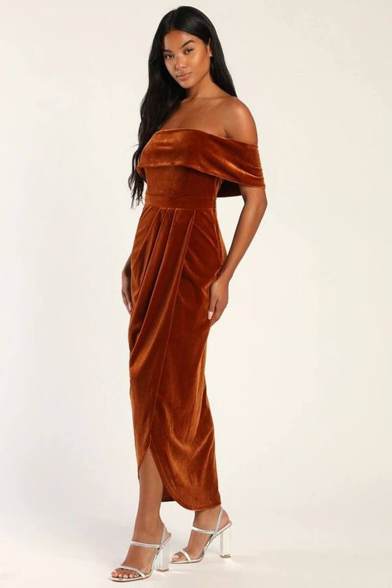 ファンジュライ レディース トップス ワンピース ミディ ベルベット FUNJULY Women's Velvet Wrap Off The Shoulder Dresses High Slit Cocktail Party Midi Dresses Light Brown ブラウン｜ReVida 店