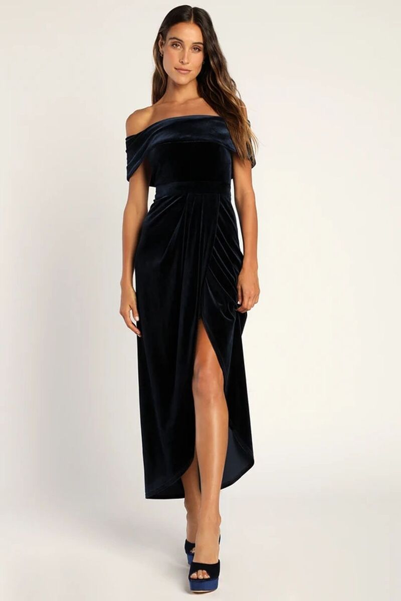 ファンジュライ レディース トップス ワンピース ミディ ベルベット FUNJULY Women's Velvet Wrap Off The Shoulder Dresses High Slit Cocktail Party Midi Dresses Navy ネイビー｜ReVida 店