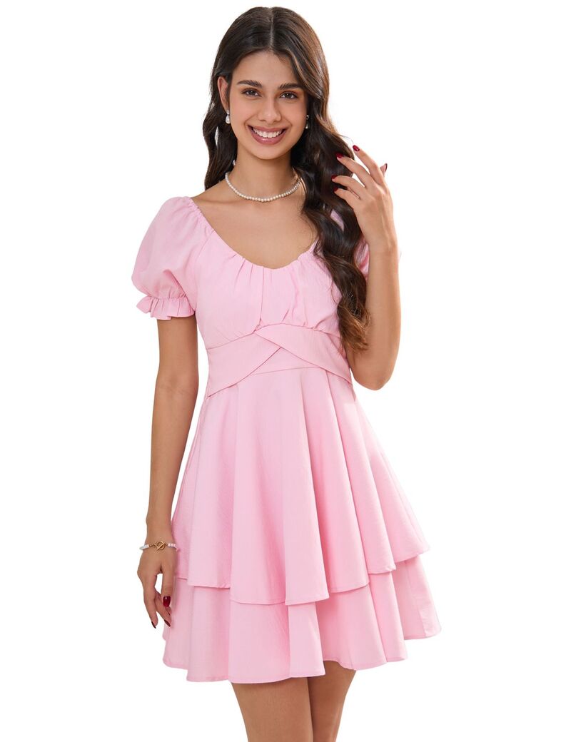 ファンジュライ レディース トップス ワンピース Vネック ティアード フリル ミニ スカート FUNJULY Women's Puff Sleeve V-Neck Mini Dress with Crisscross Waistiered Ruffle Skirt Casual Dress Pink ピンク｜ReVida 店