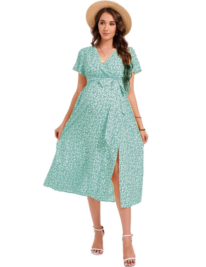 クリアフラワー レディース トップス ワンピース Vネック マタニティ ClearFlower Maternity Dress Women Casual Wrap V Neck Split Dress Green グリーン｜ReVida 店
