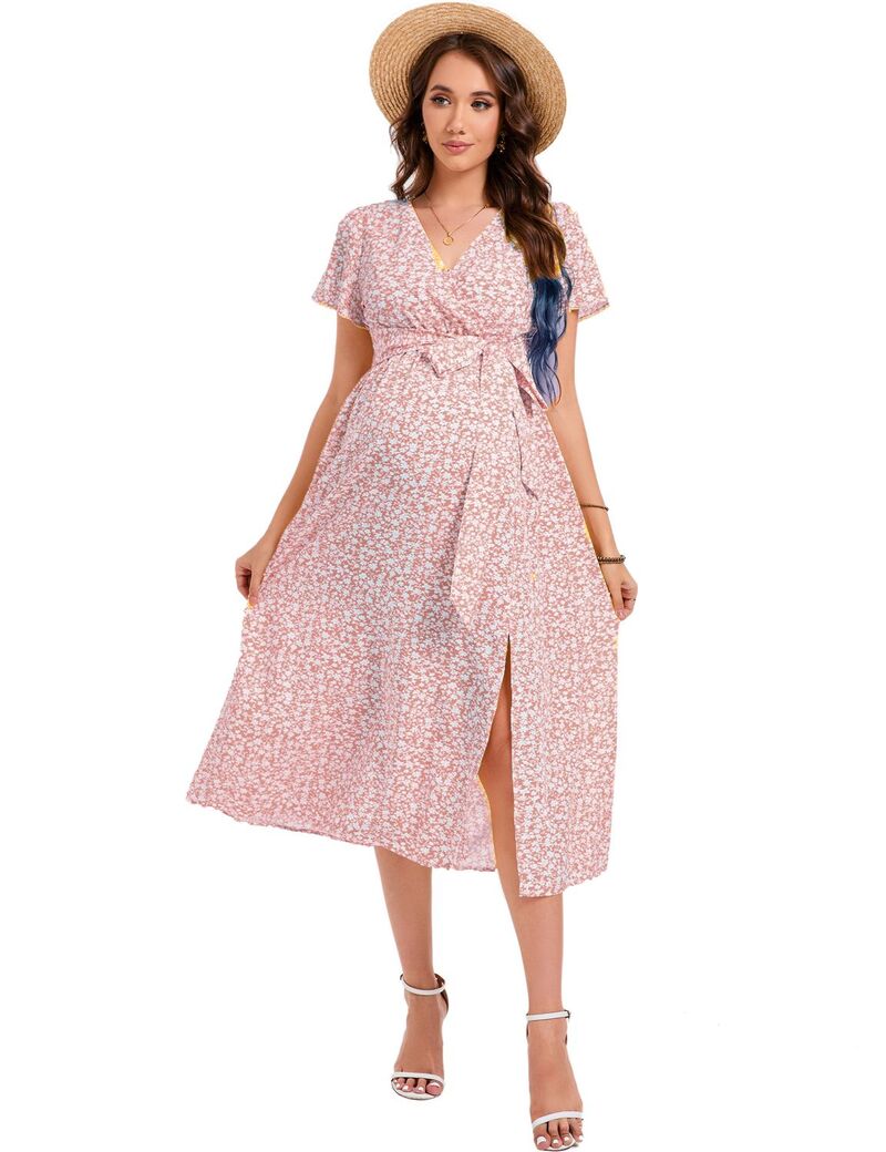 クリアフラワー レディース トップス ワンピース Vネック マタニティ ClearFlower Maternity Dress Women Casual Wrap V Neck Split Dress Pink ピンク｜ReVida 店