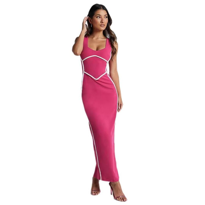 救世主流行り物 レディース トップス 衣裳 midi ノースリーブ Yesfashion Women\u0027summer Sleeveless Midi Dressquare Neck Bodycon Color Block Casual Tank Dresses Pink サクラ色