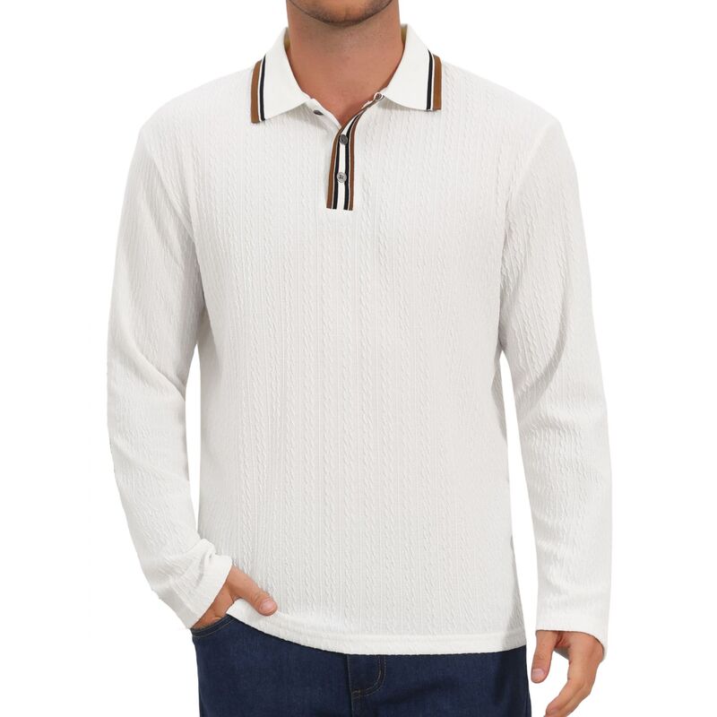 インスパイア シック レディース トップス Tシャツ ポロシャツ コントラスト INSPIRE CHIC Men's Casual Contrast Button Collared Long Sleeves Jacquard Polo T-Shirts White ホワイト|ReVida 店