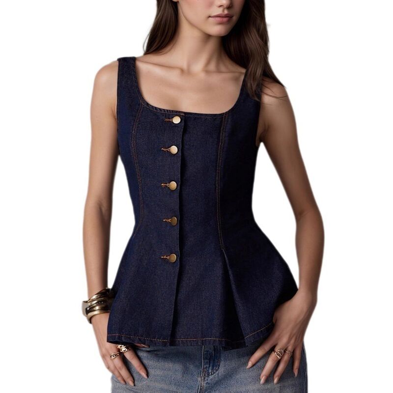 エリートチョイス レディース トップス プルオーバー ノースリーブ ジーンズ トップ Elitechoice Women\u0027sleevelessquare Neck Denim Blouse Y2K Button Frontop Dark Blue 青色