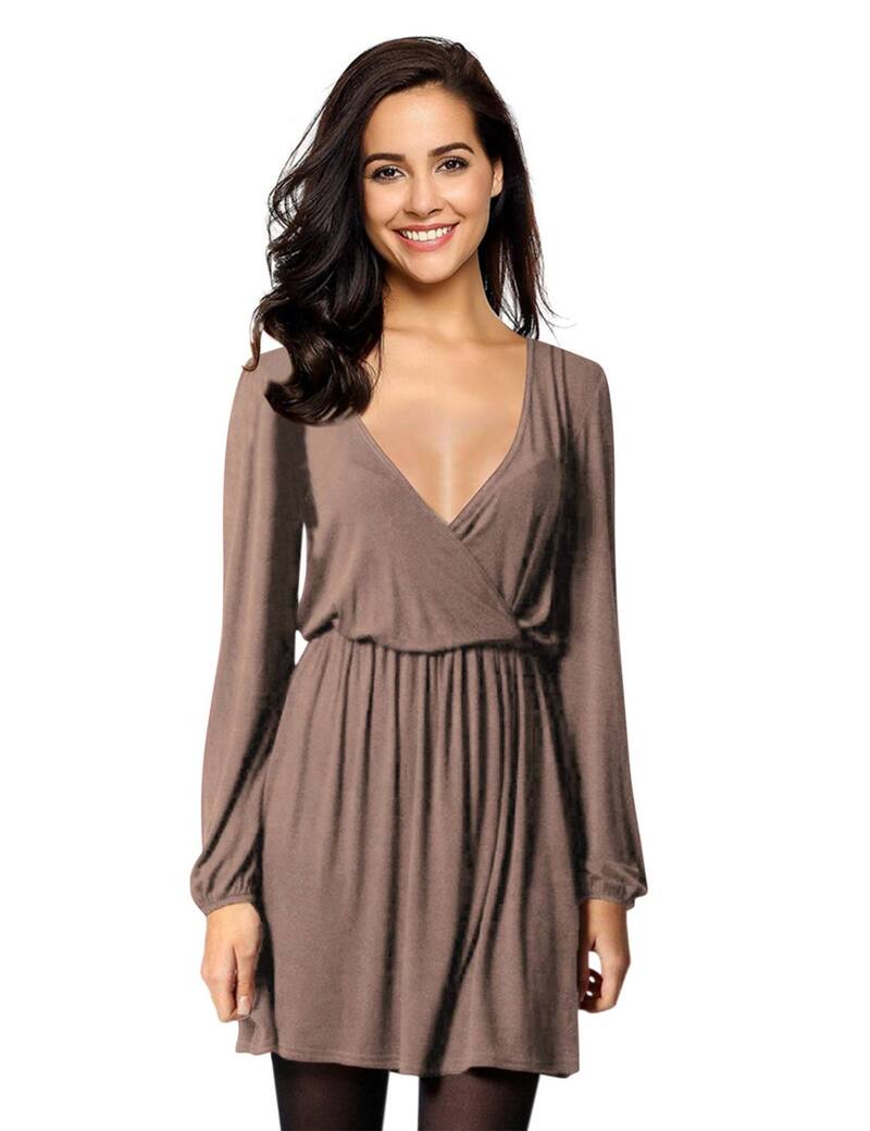 クリアラブ レディース トップス 衣装 Vのど首 A 生産ライン ミニ Clearlove Women\u0027s Deep V Neck Long Sleeve Mini Dress High Waisted A-line Casual Flowy Dress Khaki カーキ
