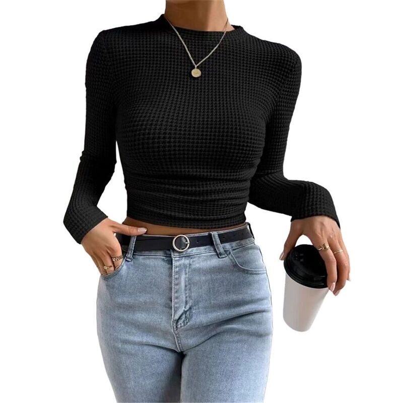 上半身大きさ レディース トップス プルオーバー ギャザー トップ BODDYSIZE Women\u0027s Basic Blouse Tops Long Sleeve Fitted T Shirts Waffle Ruched Crop Shirt Stylish Black 黒いこと