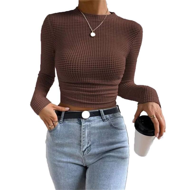 上半身大きさ レディース トップス プルオーバー ギャザー トップ BODDYSIZE Women\u0027s Basic Blouse Tops Long Sleeve Fitted T Shirts Waffle Ruched Crop Shirt Stylish Brown 赤銅色
