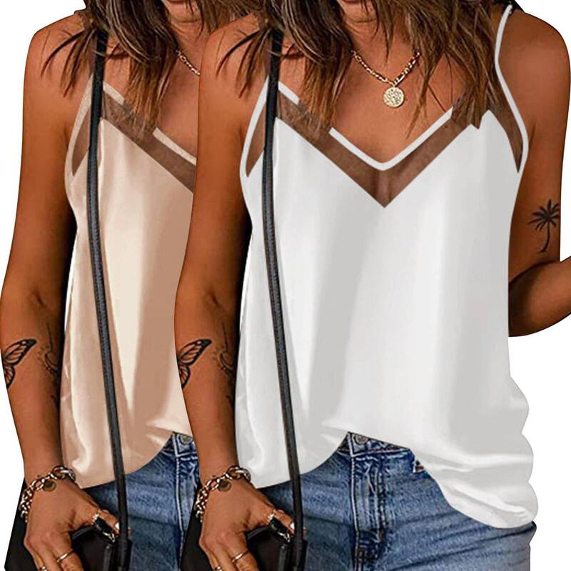 エコアー レディース トップス Tシャツ Vネック メッシュ サテン シルク ノースリーブラウス Ekouaer Women's 2 Pack Silk Tank Top Mesh V Neck Satin Camisole Blouse Sleevelesspaghetti Strap Champagne White ホワイト|ReVida 店