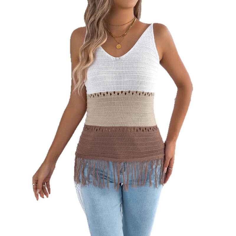 上半身大きさ レディース トップス プルオーバー Vのど首 より良い スウェーター ノースリーブ フリンジ BODDYSIZE Women Crochet Boho Sweater Vest Fringe Cami Sleeveless V Neck Color Block Tassel Tank Tops Khaki カーキ