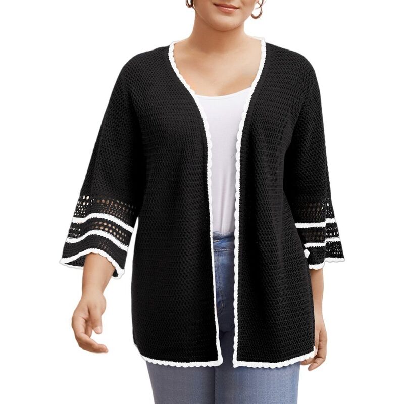 イエスファッション レディース アウター ニット・セーター プラスサイズ カーディガン Yesfashion Women Plusize Clothing Lightweight Knit Short Sleeve Shawl Wraps Oversized Beach Cardigan Black ブラック｜ReVida 店