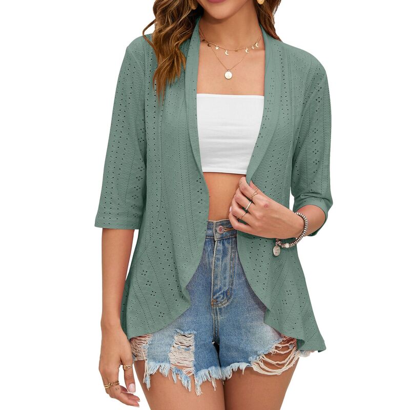 クリアラブ レディース アウター ニット・セーター ドレープ フリル カーディガン Clearlove Women's 3/4 Sleeve Open Front Netted Knit Cardigan Draped Ruffles Kimono Style Cover Ups Dark Green グリーン｜ReVida 店
