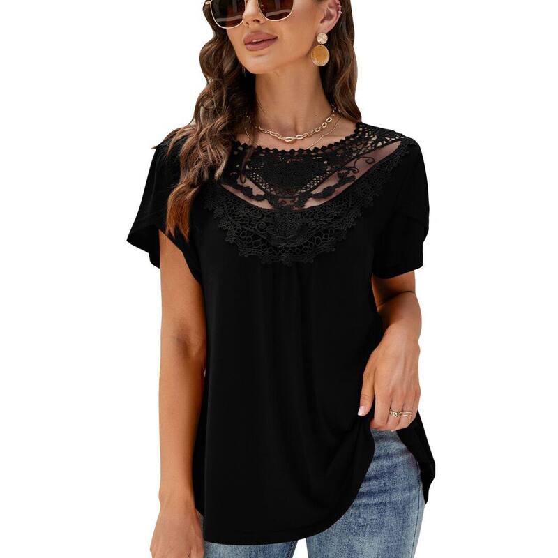 上半身大きさ レディース トップス プルオーバー 筋目 スピード競技 BODDYSIZE Womens Boho Beach Vacation Clothes Tops Lace Neck Pleated Flower Bud Short Sleeve T Shirts Black 黒いこと
