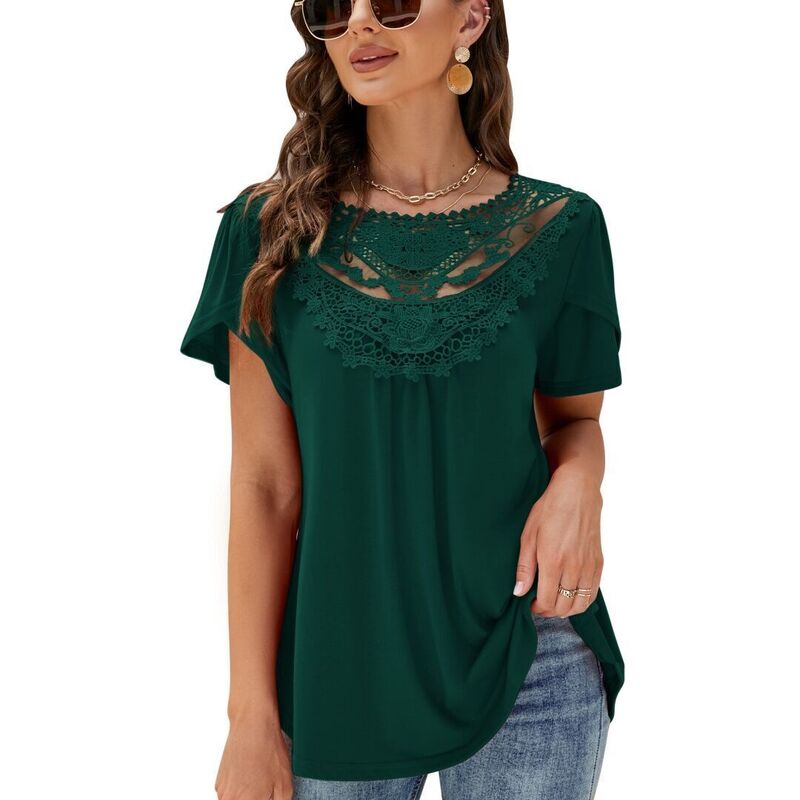 上半身大きさ レディース トップス プルオーバー 筋目 スピード競技 BODDYSIZE Womens Boho Beach Vacation Clothes Tops Lace Neck Pleated Flower Bud Short Sleeve T Shirts Green 緑であること