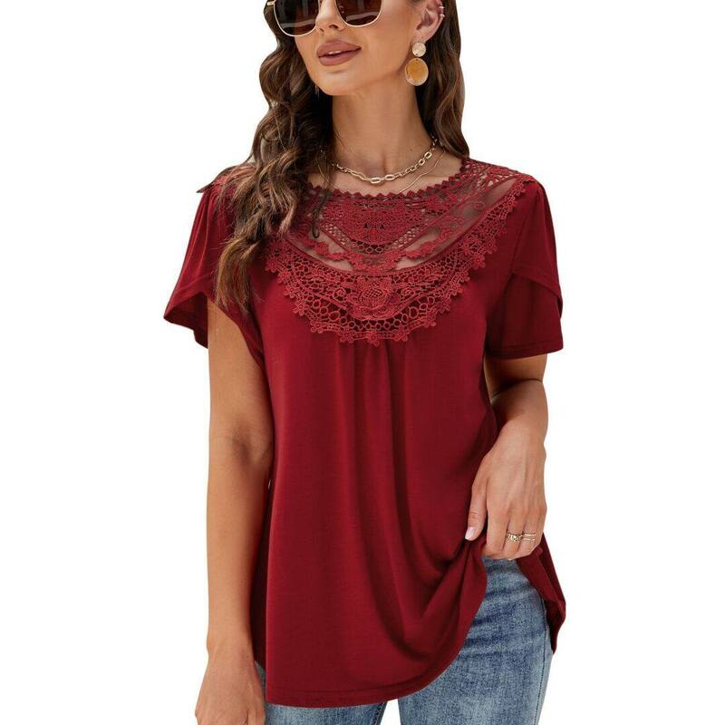 上半身大きさ レディース トップス プルオーバー 筋目 スピード競技 BODDYSIZE Womens Boho Beach Vacation Clothes Tops Lace Neck Pleated Flower Bud Short Sleeve T Shirts Red 赤いこと