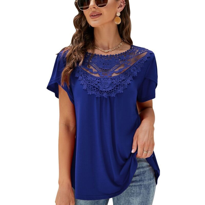 上半身大きさ レディース トップス プルオーバー 筋目 スピード競技 BODDYSIZE Womens Boho Beach Vacation Clothes Tops Lace Neck Pleated Flower Bud Short Sleeve T Shirts Royal Blue 青色