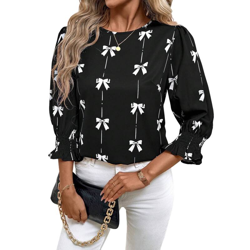 コジョイン レディース トップス シャツ モックネック プリーツ プリント ブラウス Kojooin Women's Casual Mock Neck Short Puff Sleeve Printed Pleated Blouse Black ブラック|ReVida 店