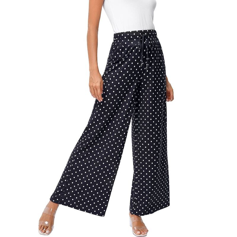 セオリア レディース ボトムス カジュアルパンツ ワイドレッグ ドローコードウエスト Seoria Women's Wide Leg Palazzo Pants High Waisted Flowy Lounge Pants with Elastic Drawstring Waist Polka Dots On Black ブラック|ReVida 店