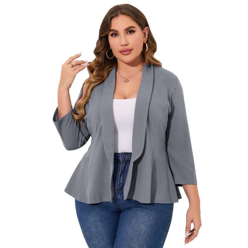 イエスファッション レディース アウター ジャケット・ブルゾン プラスサイズ ブレザー Yesfashion Women Plusize Casual Blazer Open Front Long Sleeve Work Office Jacket Suit Dressy Peplum Blazers Grey グレー|ReVida 店