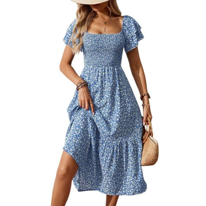 救世主流行り物 レディース トップス 衣裳 御花柄 御花 Yesfashion Women\u0027square Neck Floral Dresshort Sleeve Casualong Dress Blue 青色