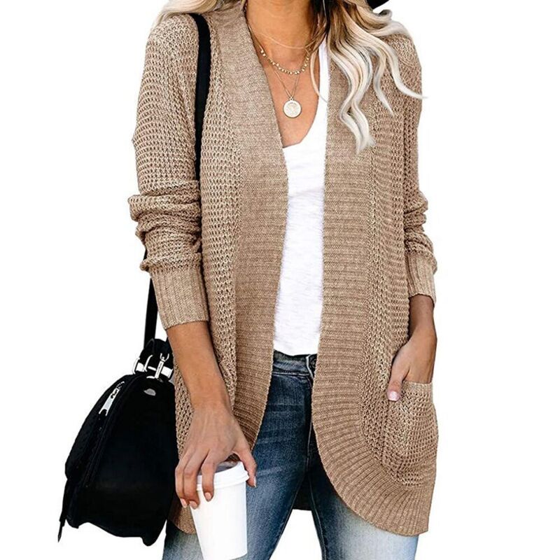 イエスファッション レディース アウター ニット・セーター カーディガン コート Yesfashion Womens Loose Open Front Cardigan Long Sleeve Casualightweight Soft Knit Sweaters Coat with Pockets Khaki カーキ｜ReVida 店
