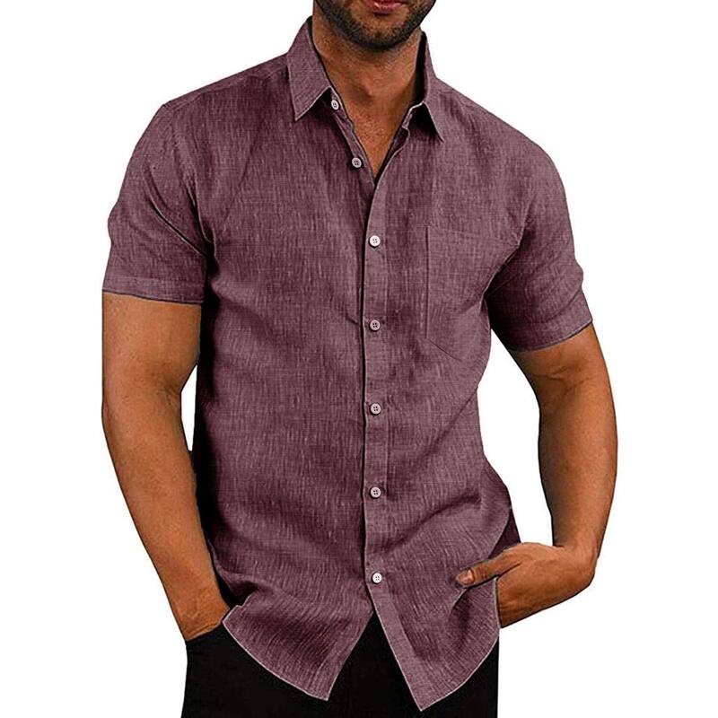 クーファンディ レディース トップス Tシャツ ボタンダウン COOFANDY Men's Casual Button Down Shirt Chambray Plain Short Sleeve Dresshirt Wine Red Linen レッド｜ReVida 店 9,706円