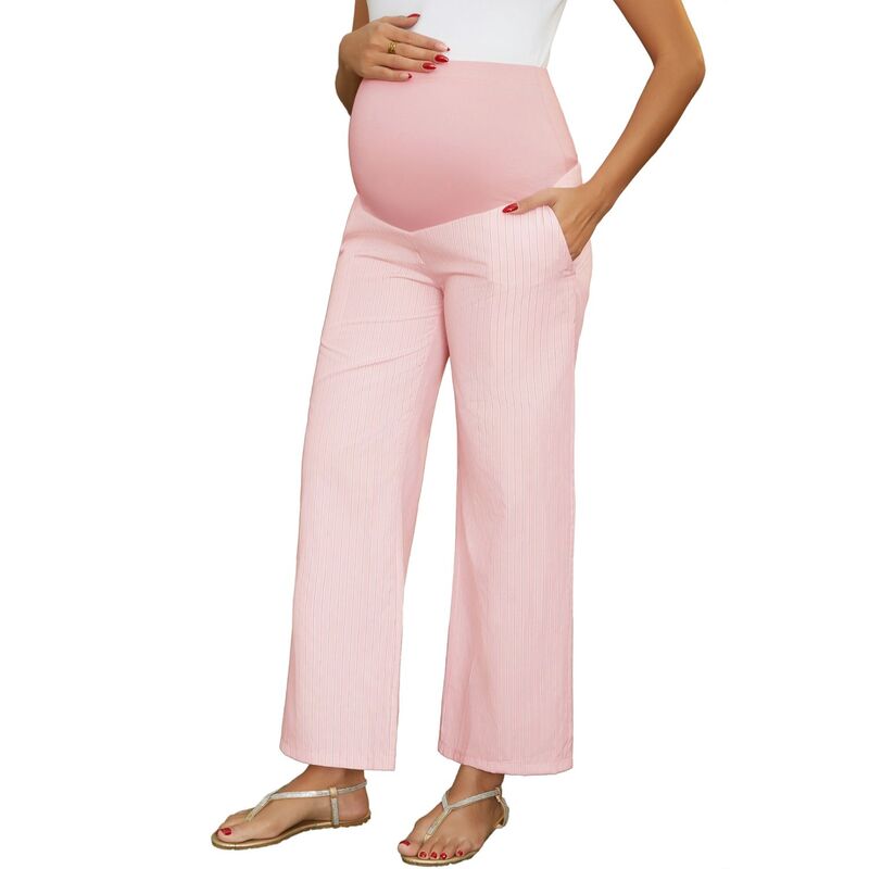 インスパイア シック レディース ボトムス カジュアルパンツ ワイドレッグ プリント マタニティ INSPIRE CHIC Women's Maternity Pants Wide Leg Elastic Waistband Striped Printed Casualounge Pregnancy Trousers Pink Stripe ピンク｜ReVida 店