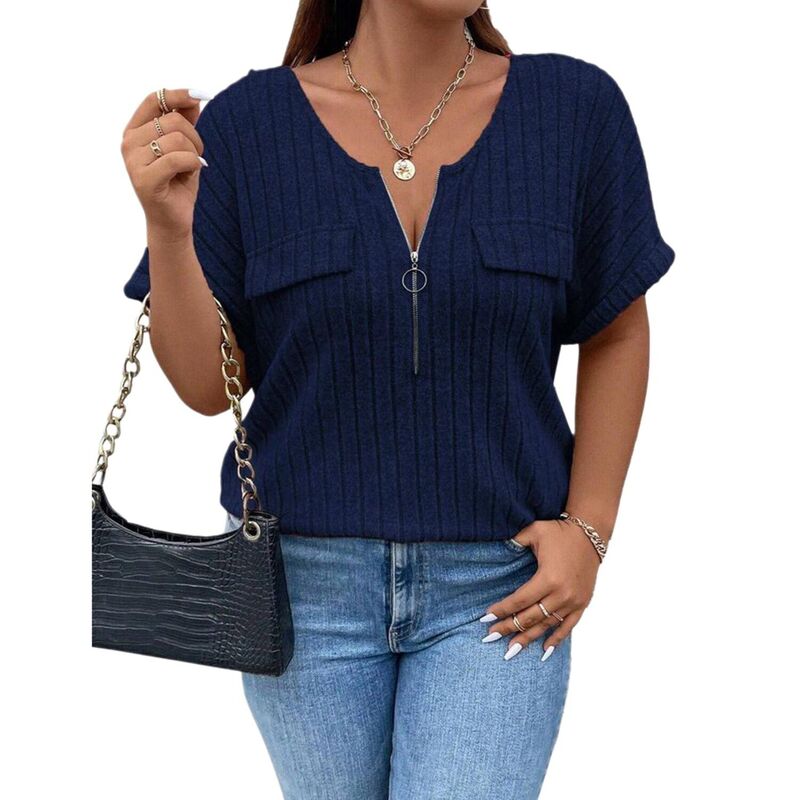 エリートスピリット レディース トップス シャツ Vネック リブ EliteSpirit-Shirts for Women V Neck Zipper Fake Pocket Oversized Ladies Ribbed Short Sleeve Tunic Top Dark Blue ブルー｜ReVida 店