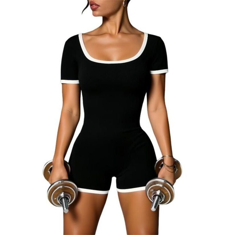 ファンジュライ レディース トップス ワンピースリムフィット 上半身背広 FUNJULY Women\u0027short Sleeve Color-Block Square Neck Slim Fit Bodysuit Black 黒いこと