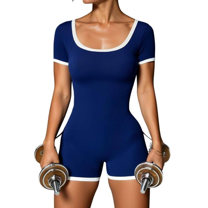 ファンジュライ レディース トップス ワンピースリムフィット 上半身背広 FUNJULY Women\u0027short Sleeve Color-Block Square Neck Slim Fit Bodysuit Blue 青色