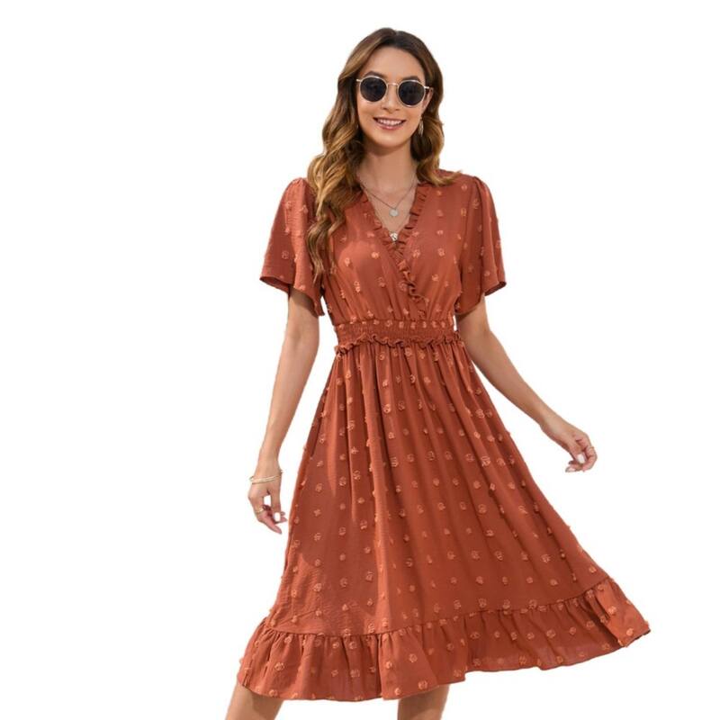 セオリア レディース トップス ワンピース Vネック ミディ Seoria Womens V Neck Dresshort Sleeve Casual Spring Summer Flowy Beach Vacation Midi Dresses Brown ブラウン|ReVida 店