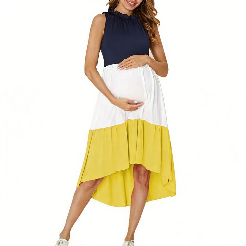 エリート肝ったま レディース トップス 衣裳 フラウンス ノースリーブ マタニティ EliteSpirit Women\u0027s Chicolor Block Maternity Dressleeveless Ruffle Neck High Low Pregnancy Sundress Yellow 黄み