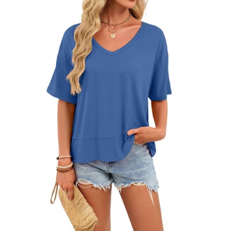 イエスファッション レディース トップス シャツ Vネック ドロップショルダー ブラウス Yesfashion Women's Casual Short Sleeve Blouse T Shirt V Neck Drop Shoulder Loose Fitop Blue ブルー|ReVida 店