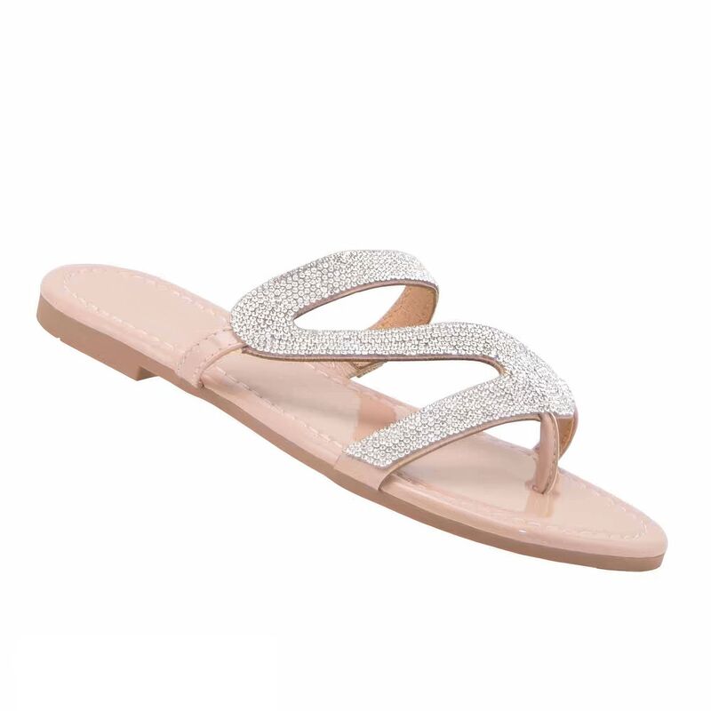F.C デザイン レディース シューズ サンダル F.C Design Black Rhinestone S-Shape Strap Flathong Sandals Beige ベージュ｜ReVida 店