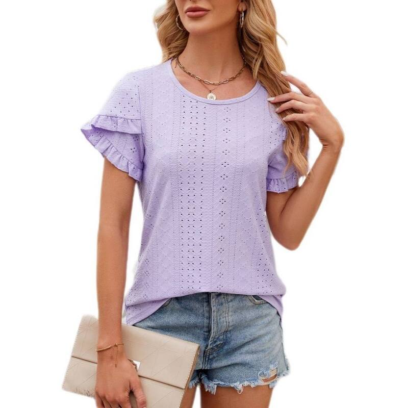 上半身大きさ レディース トップス プルオーバー 労働者の一団のど首 フラウンス トップ BODDYSIZE Women\u0027s Casual Everyday Wear Loose Fit Blouse Crew Neck Eyeletop Ruffle Petal Short Sleeve Shirt Purple パープル