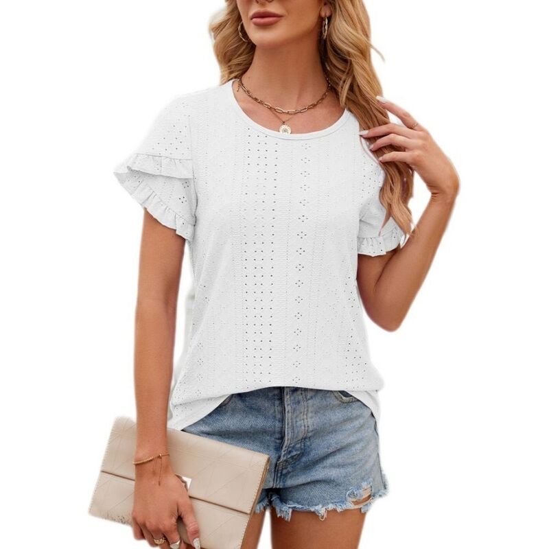 上半身大きさ レディース トップス プルオーバー 労働者の一団のど首 フラウンス トップ BODDYSIZE Women\u0027s Casual Everyday Wear Loose Fit Blouse Crew Neck Eyeletop Ruffle Petal Short Sleeve Shirt White 白いこと