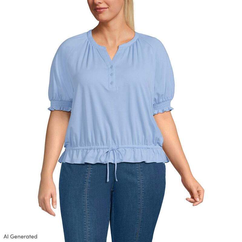 ランズエンド レディース トップス Tシャツ プラスサイズ ブラウス Plusize Lands' End Elbow Sleeve Adjustable Hem Blouse Light Sea Blue ブルー｜ReVida 店