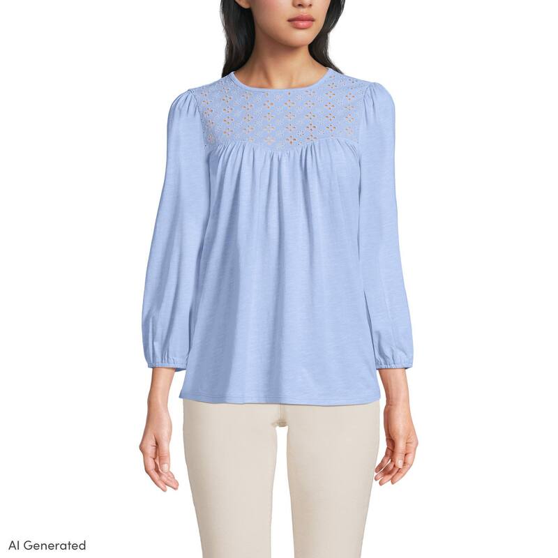 ランズエンド レディース トップス Tシャツ Women's Lands' End Long Sleeveyelet Mix Flowy Top Light Sea Blue ブルー|ReVida 店